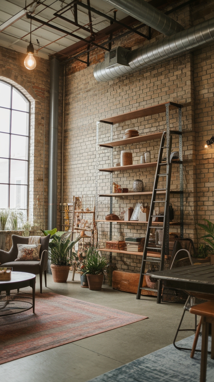 Ready to infuse your space with raw, captivating charm? This boho-industrial haven boasts exposed brick, reclaimed wood, and vintage finds, creating a rustic yet refined atmosphere. The high ceilings and metal accents add warehouse-chic vibes, while pops of greenery and a cozy seating area bring warmth and personality.