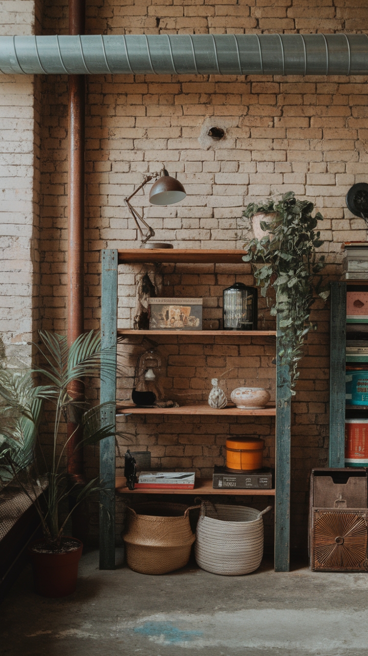 Industrial chic meets bohemian soul in this stunning space. A symphony of textures—exposed brick, reclaimed wood, and cool metal—creates a dynamic backdrop for curated vintage pieces and a thriving plant. The raw beauty of the concrete floor grounds the eclectic mix, resulting in a space that's both stylish and lived-in.