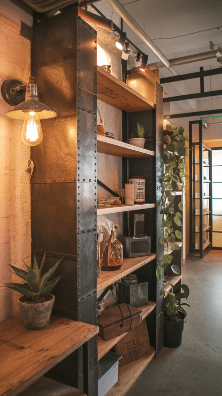 Rustic vintage meets modern industrial in this captivating room. Reclaimed wood whispers stories of the past, while sleek metal accents add a contemporary touch. The warm glow of the lighting highlights the carefully curated collection of plants and vintage pieces, creating a space that's both inviting and uniquely stylish.