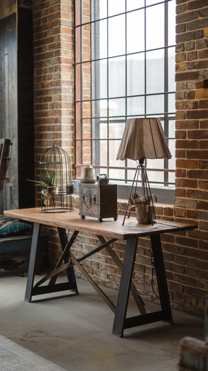 Raw texture meets refined style in this captivating boho-industrial haven. A rustic wooden table anchors the space, its metal base a striking counterpoint to the vintage lamp's crinkled shade and eclectic décor. Exposed brick walls and a large window with metal bars add warehouse-chic appeal, while the concrete floor grounds the eclectic mix of reclaimed wood and metal accents.