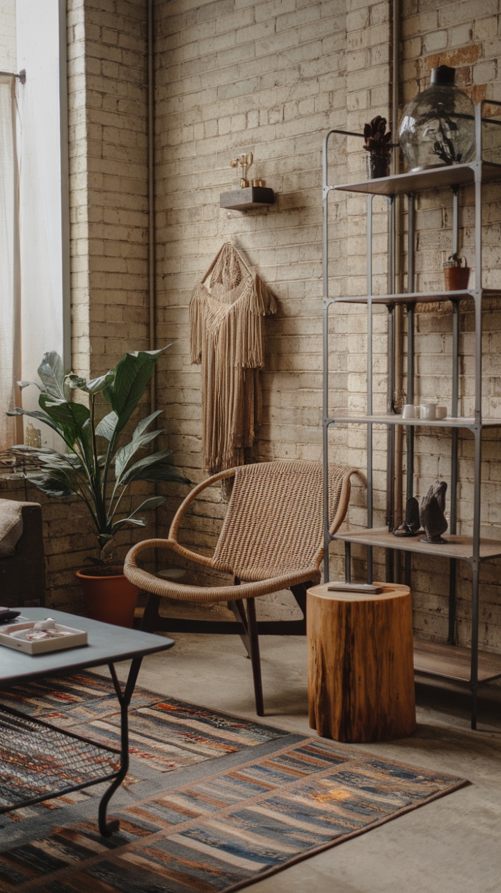 Ready to infuse your living space with soulful charm? This boho-industrial haven masterfully blends vintage finds with modern accents, creating a captivating eclecticism. A patterned rug anchors the space, while a woven chair and rustic wooden side table invite cozy relaxation. Exposed brick walls add raw texture, complemented by a metal shelf showcasing curated treasures and a touch of greenery.