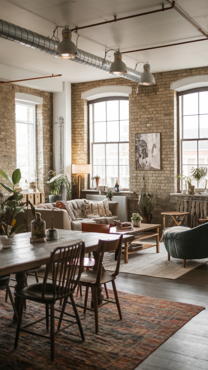 Unleash your inner bohemian in this urban oasis. Exposed brick walls meet vintage charm, as rustic accents and modern boho style intertwine around a magnificent wooden dining table. Textured textiles and eclectic décor create a haven of relaxed sophistication.