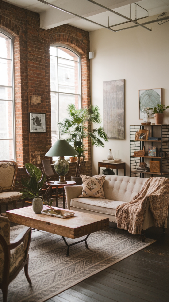 Raw industrial grit meets bohemian soul in this stunning living space. Exposed brick whispers stories of the past, while eclectic furniture and carefully curated art breathe life into the present. A beige sofa anchors the room, its comfort enhanced by a patterned throw pillow, while a vintage lamp casts a warm glow. The perfect blend of textures and tones creates a captivating atmosphere, a testament to the beauty of curated imperfection.