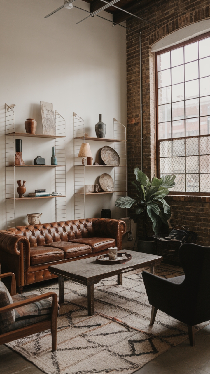 Imagine sinking into the plush embrace of a vintage leather sofa in this captivating boho-industrial living room. Exposed brick walls whisper tales of history, while a curated collection of rustic accents and a thoughtfully chosen black accent chair create a space that's both inviting and strikingly stylish. The interplay of textures—from the soft rug to the rough brick—is a masterclass in design, perfectly complemented by the warm glow of natural light filtering through the window's industrial grate.