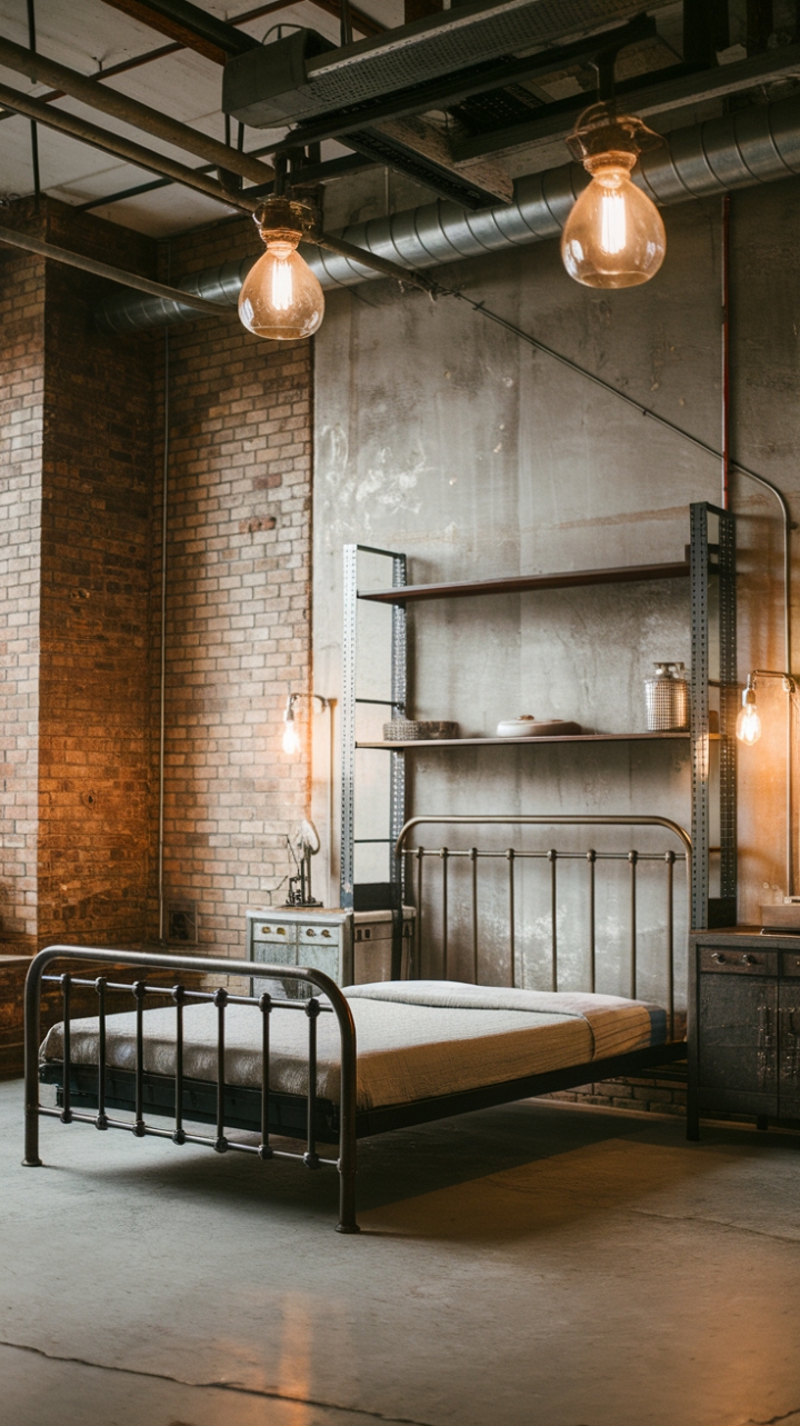 Ready to embrace raw, urban chic? This industrial loft bedroom, bathed in bright light, showcases exposed brick, a minimalist metal bed, and vintage lighting, all set against a cool concrete floor. The distressed finishes and metal shelving add character, creating a space that's both stylish and surprisingly inviting.