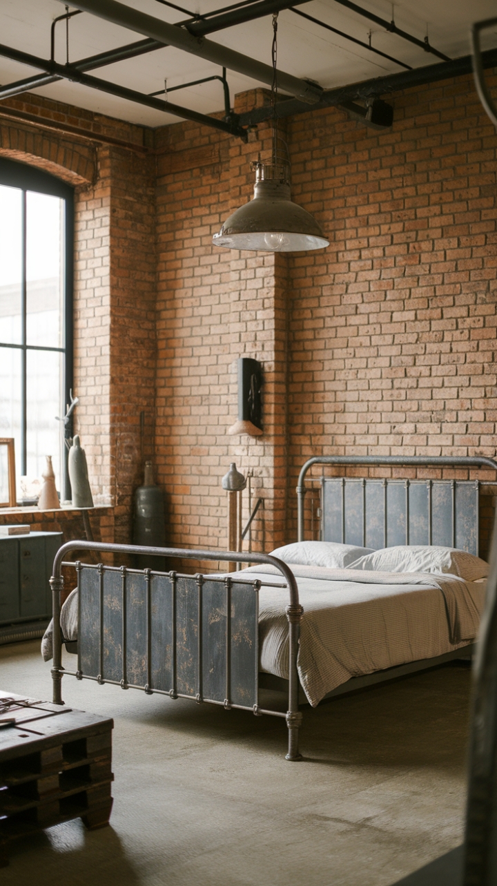 Imagine waking up in this factory-inspired sanctuary: exposed brick whispers stories of the building's past, while the vintage pendant light casts a warm glow on the minimalist metal bed. The concrete floor adds a touch of urban grit, perfectly balanced by the simple, yet stylish decor. It's industrial chic at its finest.