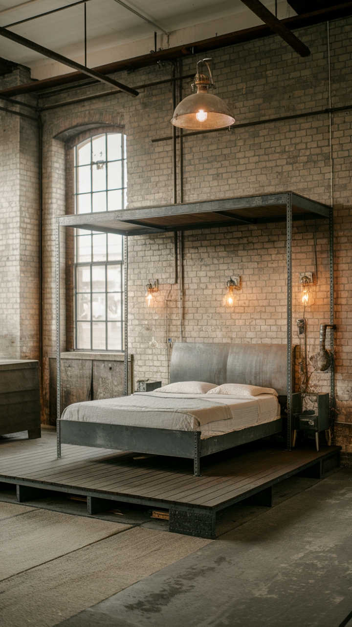 Raw urban grit meets refined industrial chic in this loft bedroom. Exposed brick, a concrete floor, and vintage metal accents create a space that's both edgy and inviting. The minimalist aesthetic, punctuated by distressed finishes and a cleverly designed wooden platform bed, speaks volumes about sophisticated simplicity.
