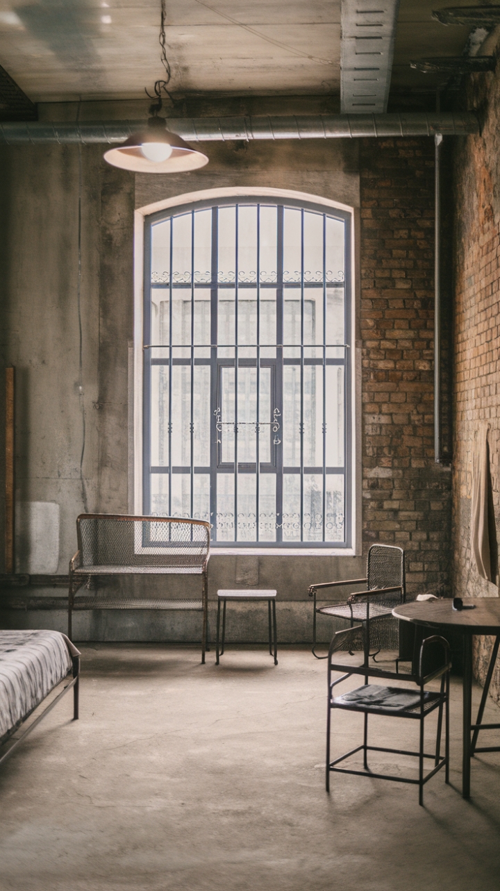 Raw urban grit meets refined minimalism in this breathtaking loft. Exposed brick, a concrete floor, and iron-barred windows create an undeniably industrial backdrop, while rustic metal furniture and a vintage lighting fixture add character and warmth. The result? A space that's both strikingly modern and undeniably inviting.
