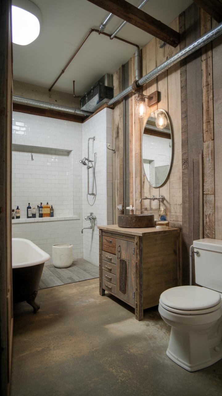 Imagine soaking in a vintage tub surrounded by the warmth of reclaimed wood and the cool industrial edge of exposed pipes. This bathroom's unique design seamlessly marries rustic farmhouse charm with a touch of urban grit, creating a space that's both inviting and strikingly stylish. The neutral color palette and concrete floor complete the look, offering a tranquil retreat.
