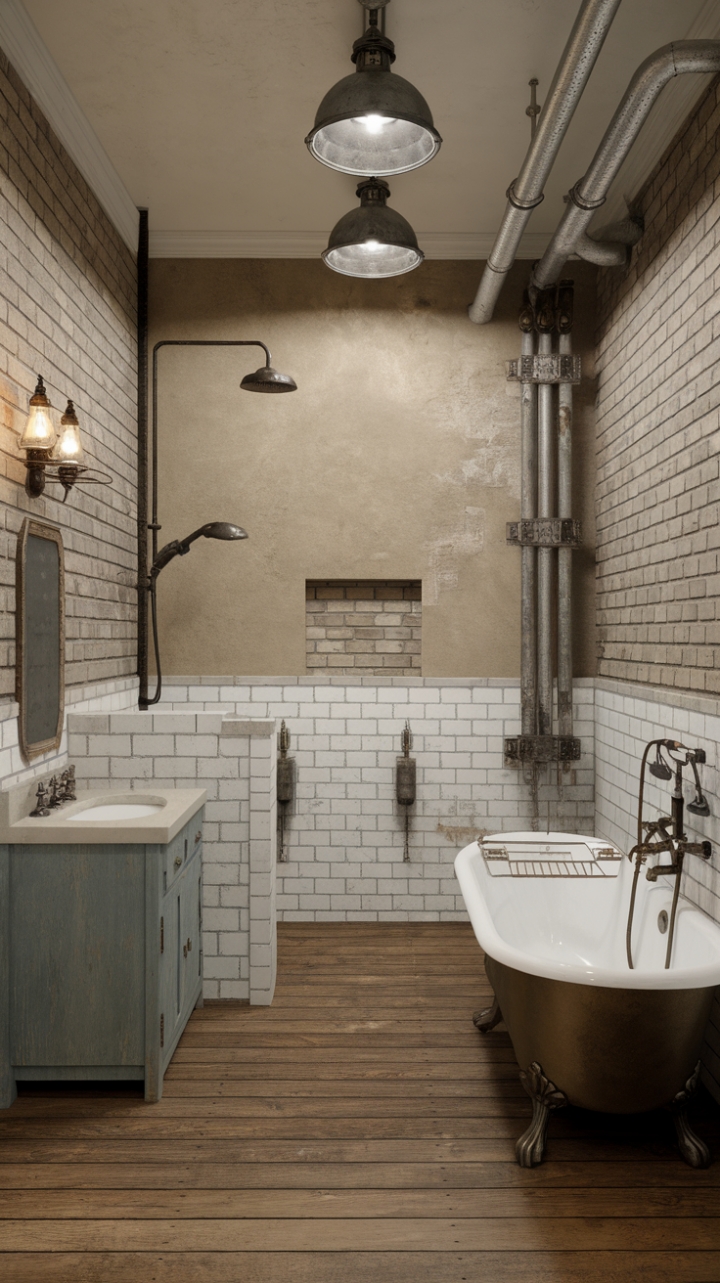 Wouldn't you adore waking up to this view every morning? This rustic-industrial farmhouse bathroom is a masterclass in vintage charm. Exposed brick walls, aged wood floors, and a gorgeous freestanding tub create a space that's both incredibly stylish and wonderfully cozy. The neutral palette is perfectly balanced by the character of the vintage fixtures and industrial lighting, resulting in a bathroom that's as functional as it is breathtaking.