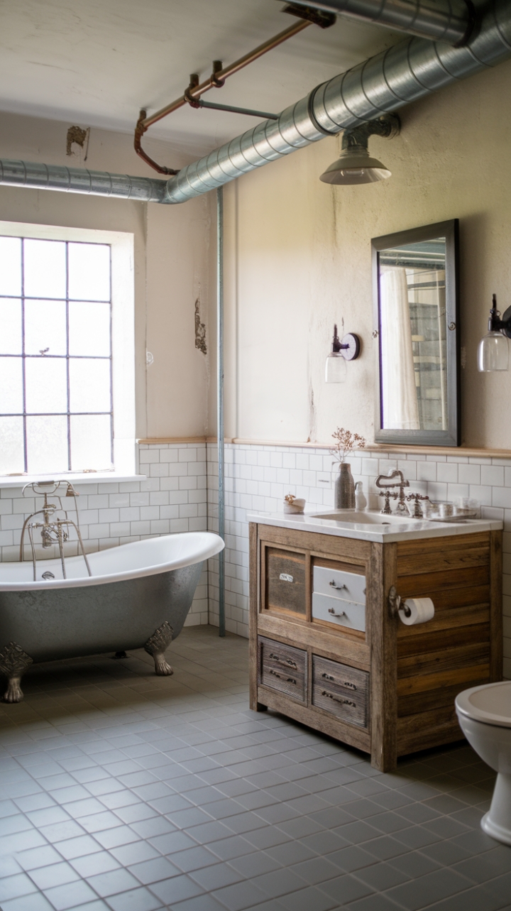 Rustic charm meets industrial edge in this dreamy bathroom retreat. A freestanding tub basks in natural light, while a reclaimed wood vanity and vintage fixtures add character and warmth. Exposed pipes lend an authentic industrial touch, perfectly balanced by the soothing neutral palette and gray tile floor. This space is the epitome of relaxed sophistication.