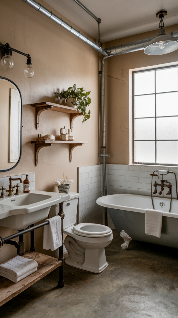 Ready to fall in love with a bathroom that seamlessly blends rustic charm and industrial edge? A neutral palette of beige walls and grey concrete floors provides the perfect backdrop for a freestanding tub with vintage fixtures, a reclaimed wood shelf showcasing a touch of greenery, and exposed pipes adding a layer of authentic character. The frosted window softly diffuses natural light, completing this haven of relaxed sophistication.