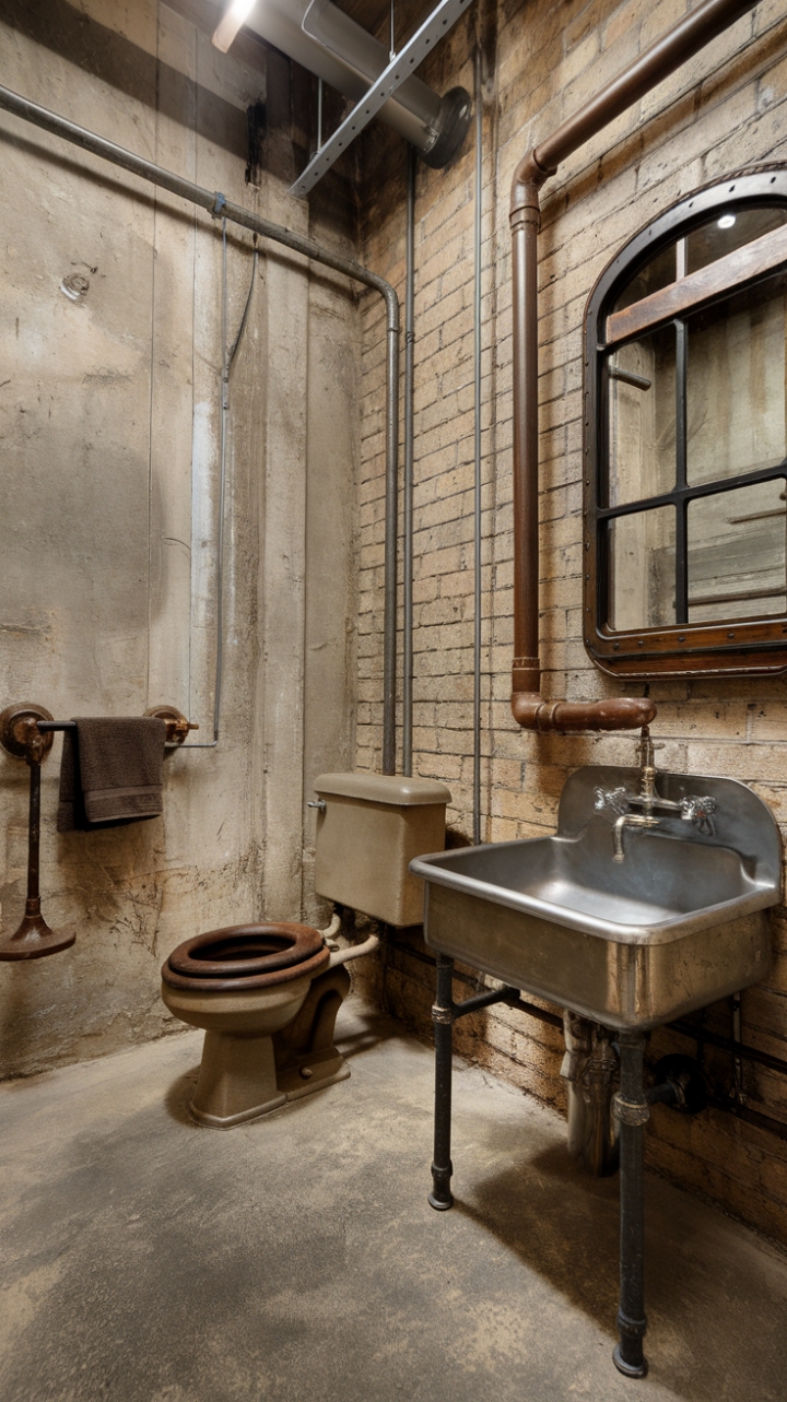 Raw concrete, exposed brick, and vintage industrial finds unite in this bathroom's breathtaking transformation. The aged metal fixtures and rustic toilet stand in stark contrast to the clean lines of the concrete, creating a space that's both ruggedly masculine and unexpectedly refined. Every detail, from the metal towel rack to the wooden-framed mirror, speaks to a curated aesthetic of reclaimed beauty.