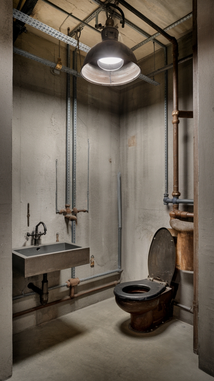 Raw concrete, exposed pipes, and a vintage pendant light: This industrial bathroom is a masterclass in minimalist design. The rugged aesthetic, complete with a metal faucet and utilitarian toilet, speaks volumes without uttering a single word. Pure, unadulterated style.