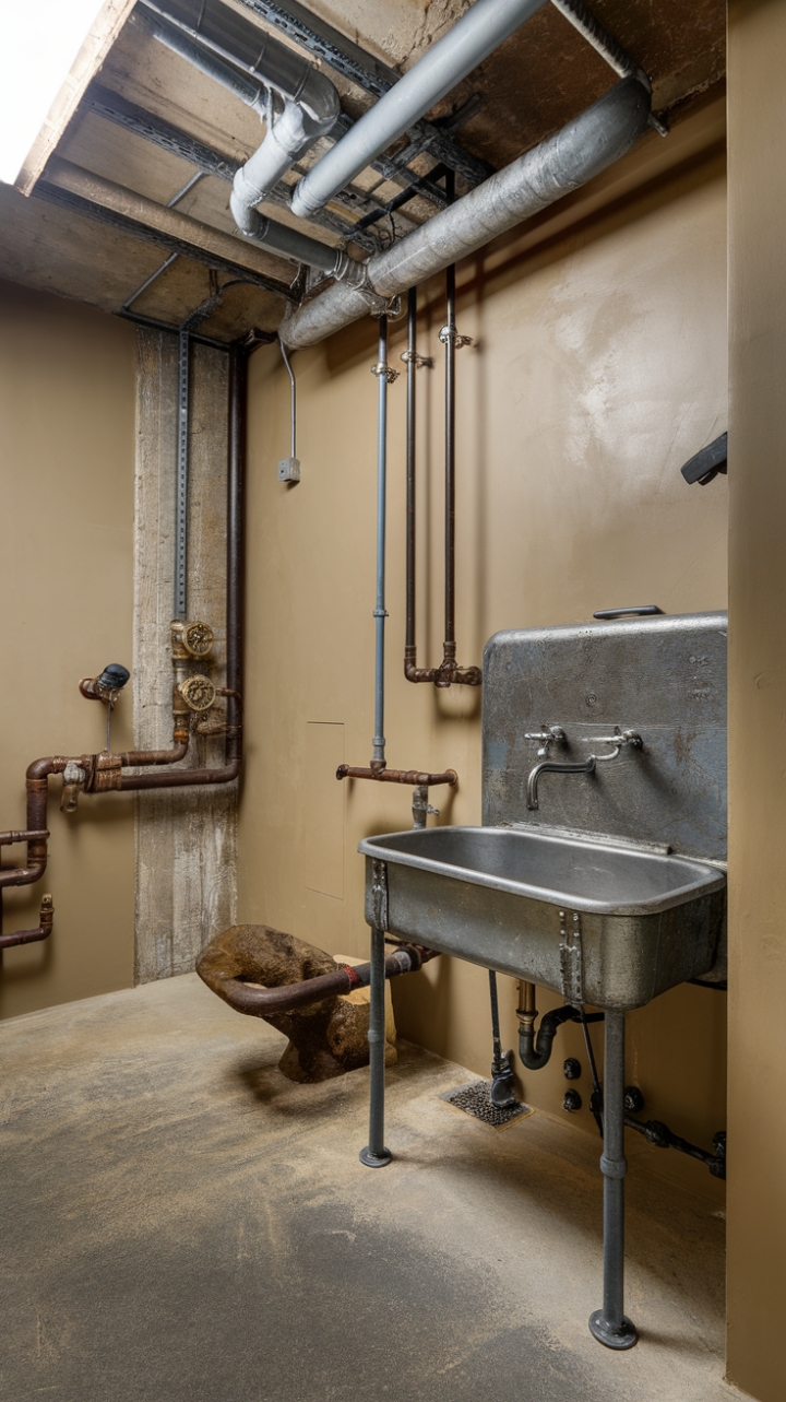 Unrefined elegance reigns in this industrial-chic bathroom. A vintage sink with a metallic sheen anchors the space, complemented by raw concrete walls and exposed plumbing that speak to a bygone era of industrial design. The beige paint provides a touch of warmth, while the bright lighting showcases the room's unique texture and character.