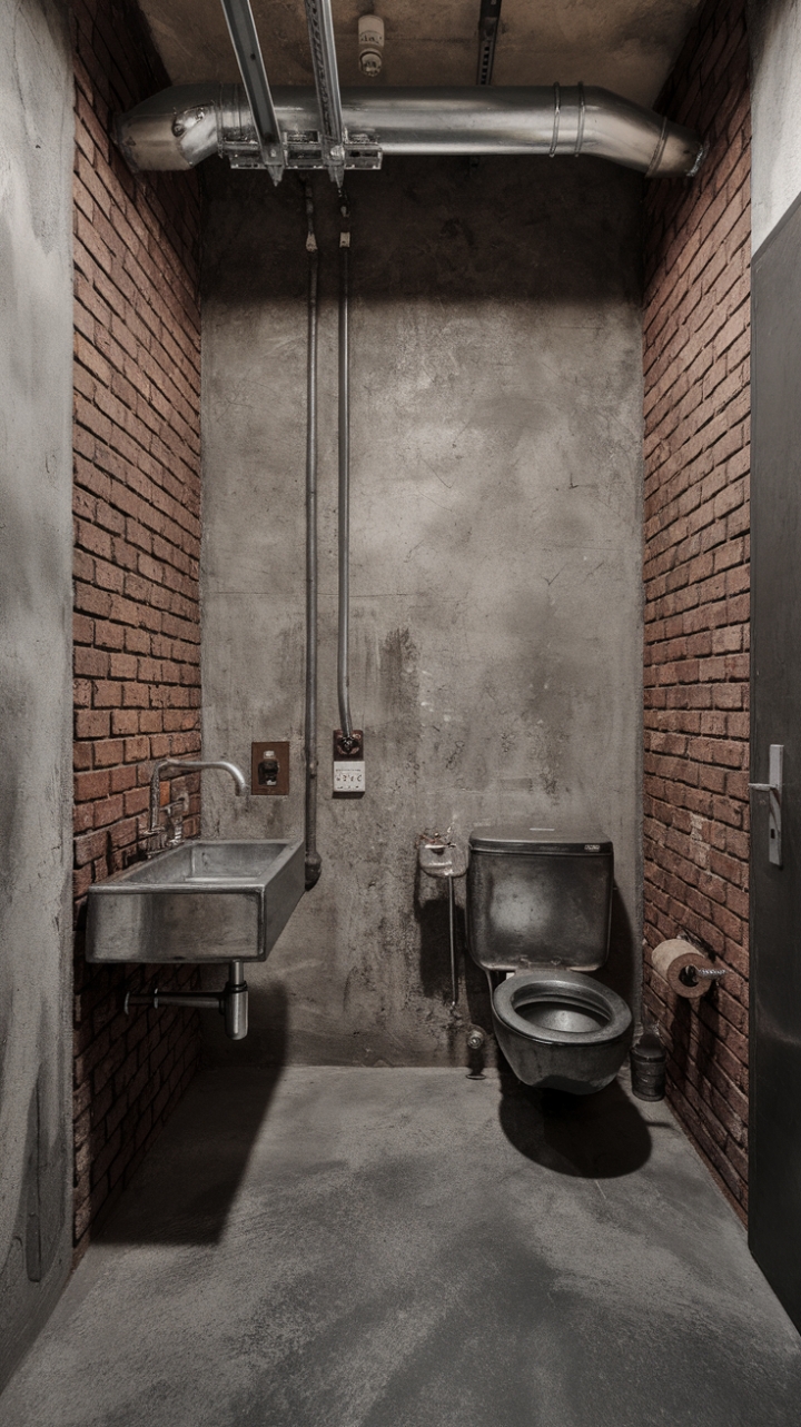 Unflinchingly industrial, this bathroom's exposed brick, concrete, and metal fixtures deliver a powerful statement of urban design. Harsh lighting accentuates the raw textures and vintage details, creating a space that's both bold and undeniably captivating.