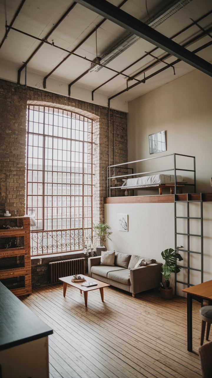 Ready to fall in love with raw, urban chic? This vintage-industrial apartment boasts soaring ceilings, exposed brick whispering tales of the past, and a minimalist design that's both bold and breathtaking. The large window, framed by iron bars, floods the space with light, highlighting the rich textures of the wood floors and the carefully curated furnishings. A loft bed adds a touch of unexpected drama, while a simple sofa and coffee table create a cozy haven below. The perfect blend of rugged charm and modern simplicity.
