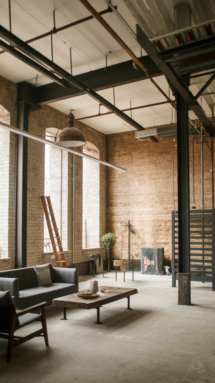 Ready to trade your predictable living room for a haven of raw, industrial chic? Exposed brick, soaring ceilings, and steel beams create a dramatic backdrop for a surprisingly cozy space, where vintage finds mingle with modern minimalism. The concrete floor grounds the design, while a wooden ladder adds a touch of unexpected warmth.