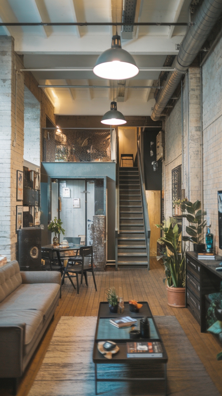 Ready to fall for raw, urban chic? This industrial apartment's exposed brick, vintage fixtures, and sun-drenched living space—complete with a cozy sofa and lush greenery—perfectly blends modern comfort with timeless industrial style. The wide-plank floors and open staircase only add to its captivating charm.