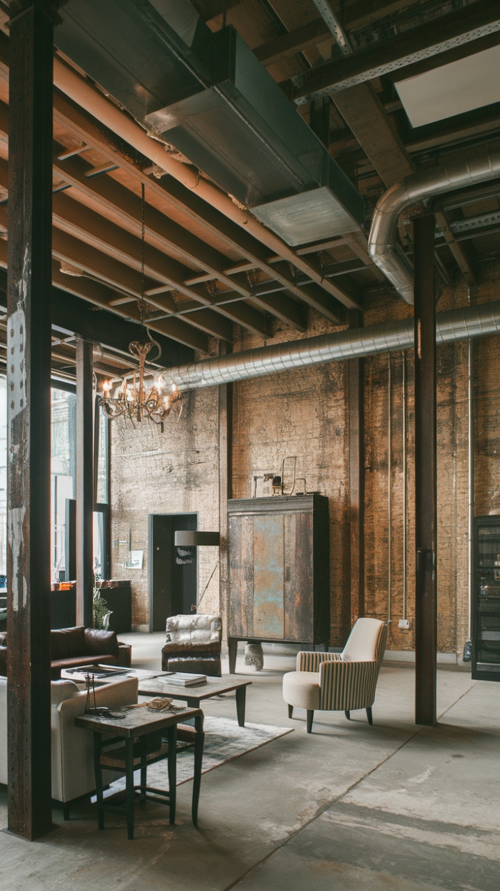 High ceilings and abundant natural light amplify the drama of this industrial-chic loft. The interplay of raw materials—exposed brick, steel, and wood—is balanced by plush furnishings and carefully chosen accents, resulting in a space that's both edgy and inviting. A perfect blend of textures and styles creates a truly unforgettable urban sanctuary.