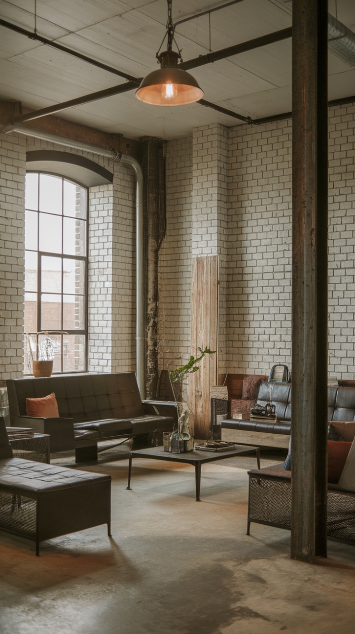 Craving a space that's both stylish and soulful? This modern industrial living room boasts exposed brick, reclaimed wood accents, and sleek metal furniture, all united by a neutral palette. The vintage lighting fixture adds a touch of unexpected charm, while the polished concrete floor grounds the design. It's urban chic redefined.