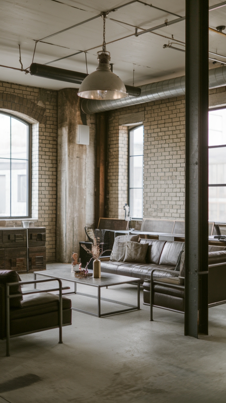 Craving a space that's both edgy and inviting? This modern industrial living room delivers. Exposed brick, reclaimed wood accents, and minimalist metal furniture create a captivating blend of textures and tones. The neutral palette allows the unique character of each element to shine, while a vintage light fixture adds a touch of unexpected charm. Concrete floors complete the look, grounding this urban loft aesthetic in raw, sophisticated style.
