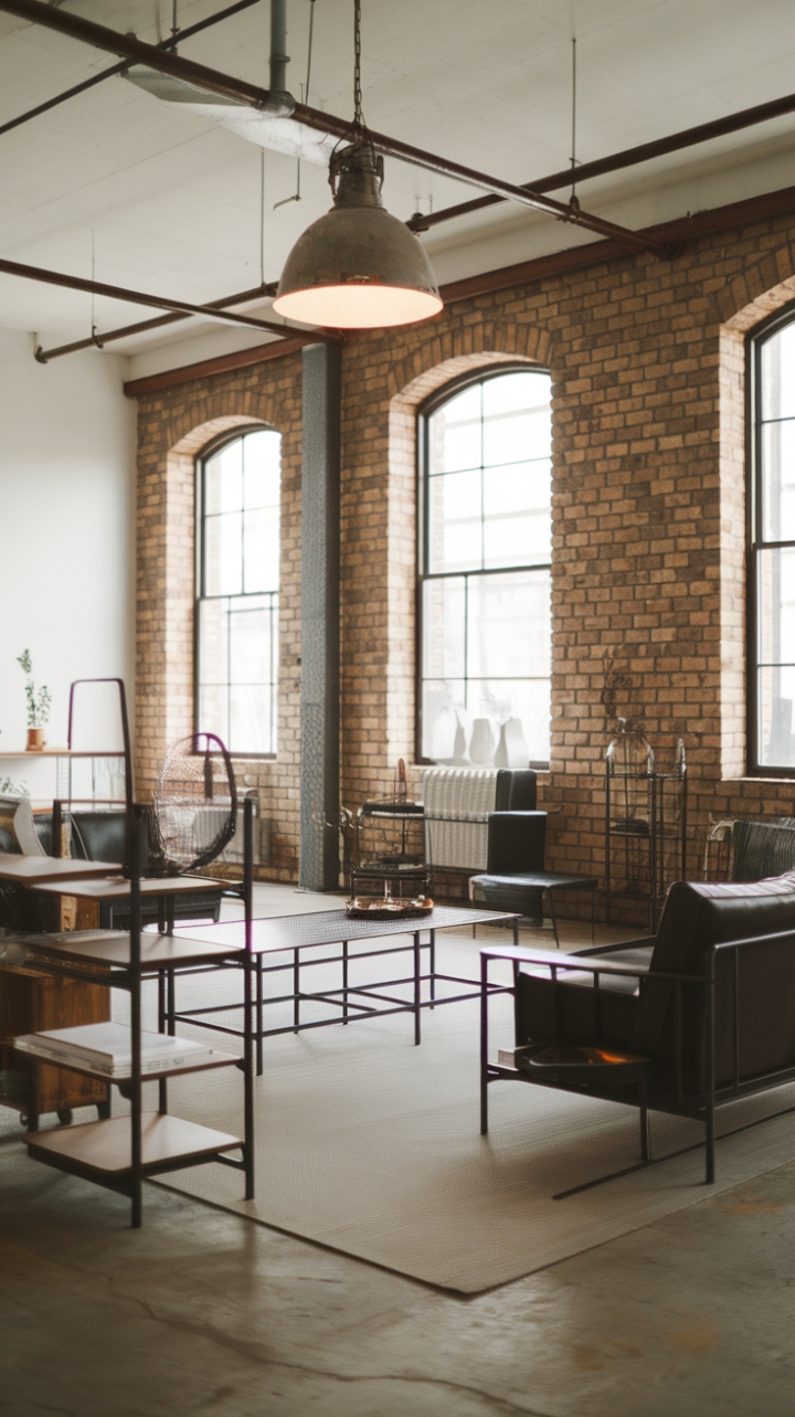 Imagine evenings spent in this modern industrial haven. Exposed brick whispers stories of the building's past, while sleek metal and reclaimed wood create a contemporary contrast. The large vintage light fixture is the perfect focal point, casting a warm glow on the minimalist design and polished concrete floor. This is urban living redefined.
