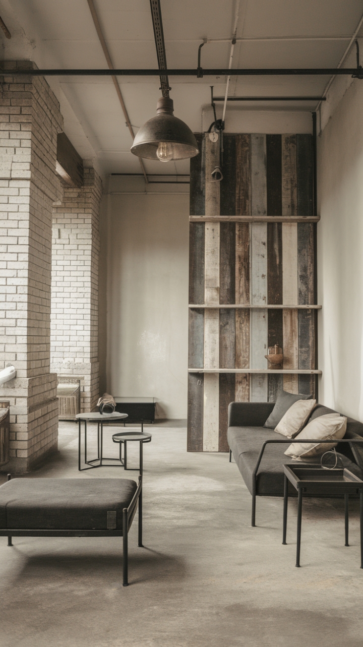 Craving a space that's both edgy and comfortable? This living room's exposed brick and concrete are perfectly balanced by a cozy sofa, plush pillows, and a touch of vintage charm in the lighting fixture. The result? Industrial chic with a surprisingly soft touch.