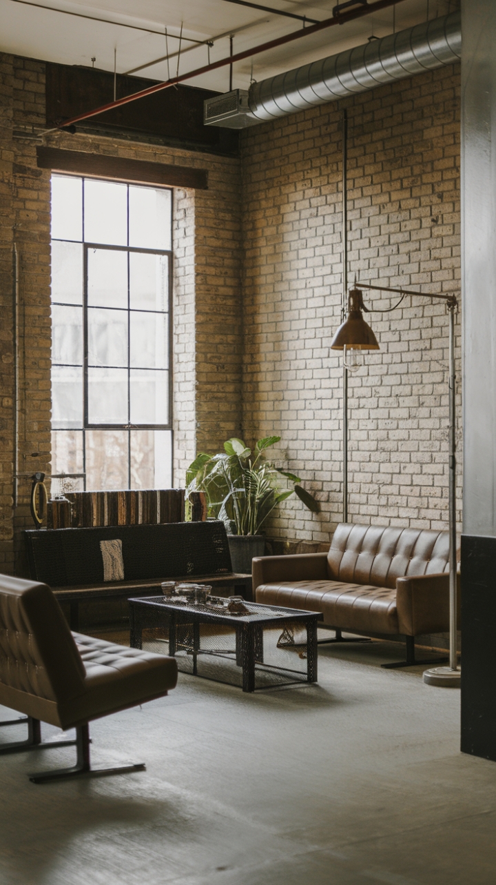 Raw urban grit meets refined minimalism in this industrial haven. Exposed brick whispers stories of the past, while sleek metal furniture and a vintage lamp cast a warm glow, perfectly complemented by the concrete floor and a touch of greenery.
