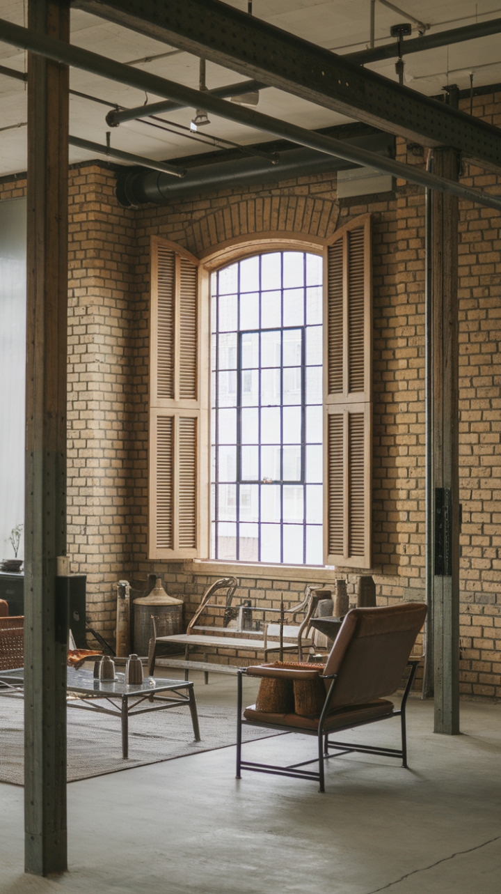 Raw industrial cool meets minimalist chic. Exposed brick, vintage finds, and a symphony of metal and wood create a loft living space that's both strikingly modern and undeniably inviting. The large window, framed by weathered shutters, bathes the room in natural light, highlighting the textures and the raw beauty of the space.