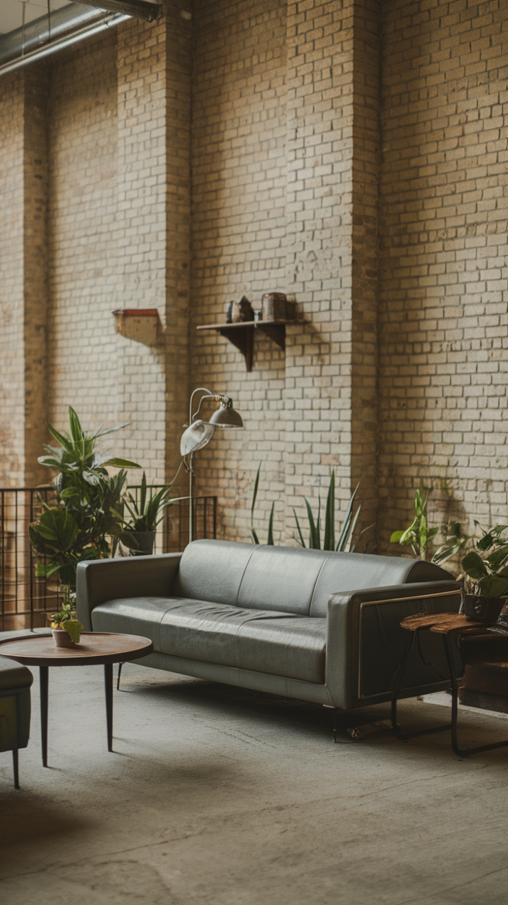 Industrial chic meets bohemian charm in this loft living room. Metal accents and vintage details create a captivating contrast against the exposed brick backdrop, while pops of greenery soften the space, proving that raw beauty and cozy comfort can coexist beautifully.