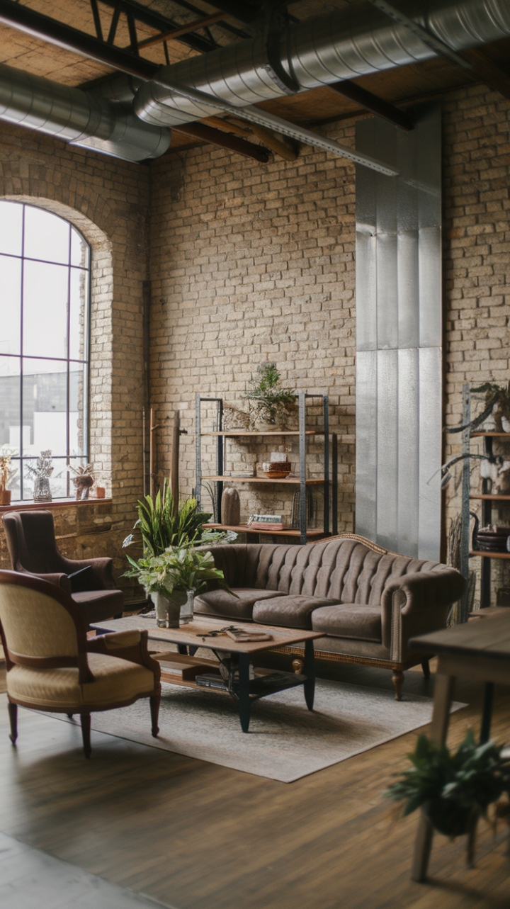 Raw textures and vintage finds unite in this industrial farmhouse living room. Exposed brick walls, a reclaimed wood coffee table, and a plush sofa create a space that's both rugged and refined. The warm wood floors and strategic pops of greenery soften the industrial elements, resulting in a truly inviting atmosphere.