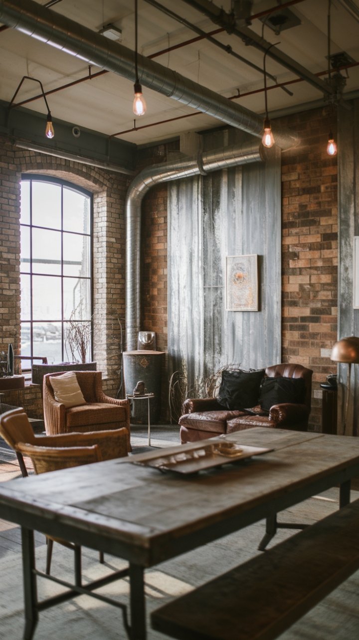 Rustic charm meets industrial edge in this breathtaking living room. Reclaimed wood, exposed brick, and vintage furniture create a cozy haven, while exposed bulb lighting adds a touch of raw, urban cool. The worn wooden table anchors the space, inviting conversation and connection.