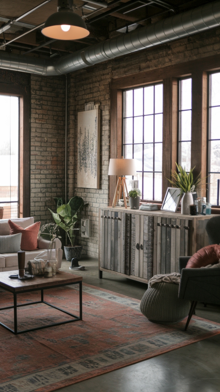 Ready to fall in love with the perfect blend of rustic charm and industrial edge? This living room's exposed brick, reclaimed wood, and vintage finds create a cozy haven, where the warmth of farmhouse style meets the cool sophistication of metal accents. A large, vintage rug anchors the space, tying together the eclectic mix of textures and tones. The rustic wooden sideboard, adorned with a lamp, plant, and cherished photo frame, adds the perfect finishing touch.