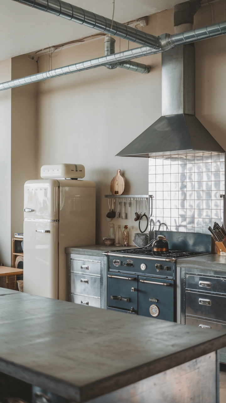 Concrete chic meets industrial grit. This minimalist kitchen's exposed pipes and metallic accents are softened by crisp white walls and a touch of vintage charm, proving that function and style can coexist beautifully.