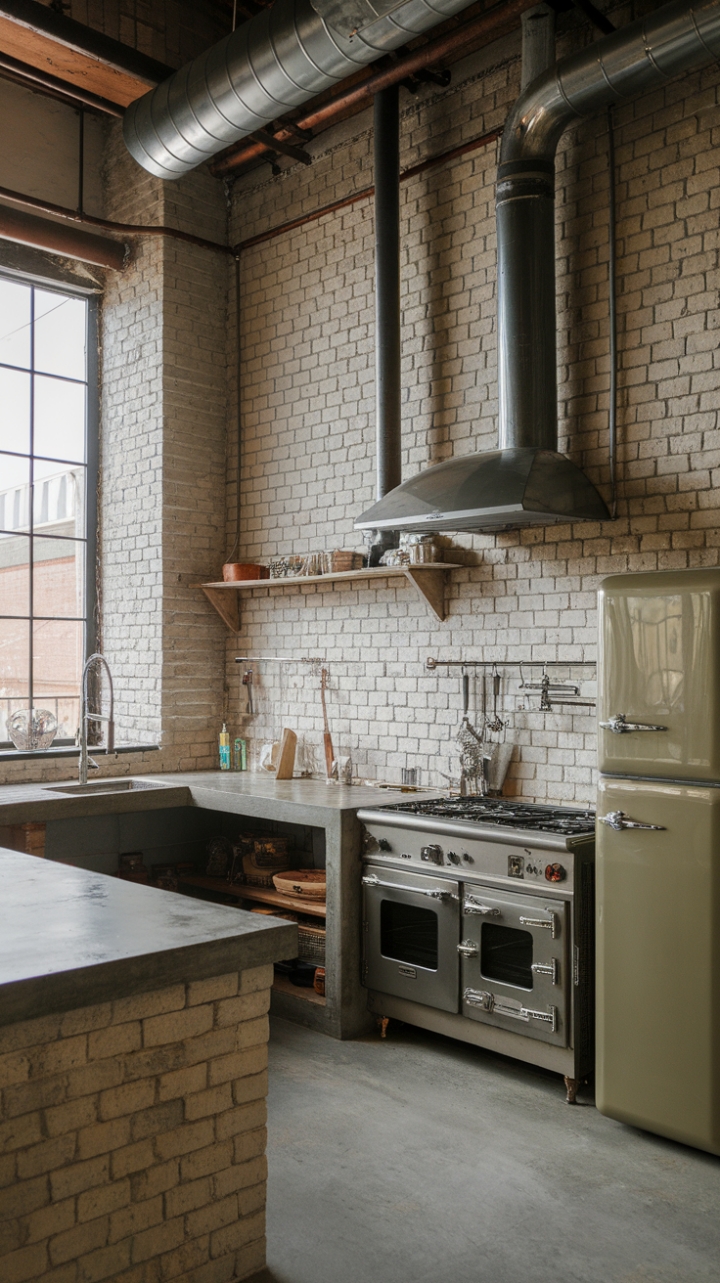 Craving a kitchen that's as unique as you are? Look no further. This loft-like space, with its exposed brick, vintage appliances, and concrete countertops, is the epitome of industrial chic. High ceilings and minimalist design create a surprisingly airy feel, proving that raw beauty can be both bold and breathtaking.