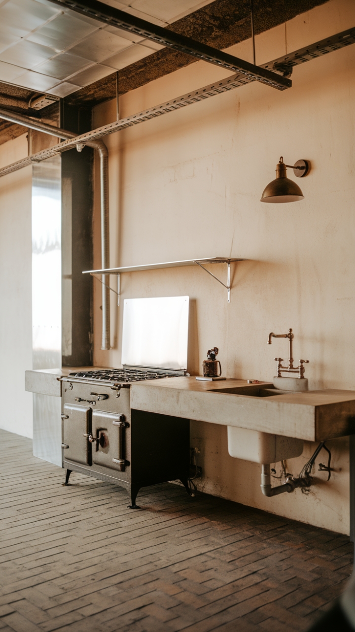 Ready to fall for raw, refined industrial chic? This kitchen's concrete countertop and vintage stove sing a song of rustic charm, while exposed pipes and metallic accents add a touch of urban grit. The brick floor and warm lighting complete this perfectly imperfect space.
