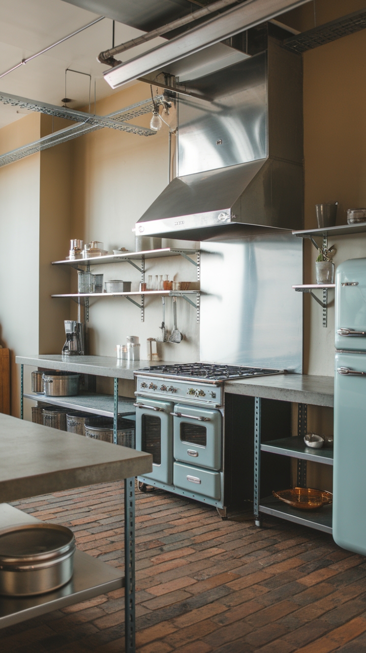 Imagine yourself cooking up a storm in this minimalist marvel! Vintage appliances meet sleek concrete and exposed pipes in a symphony of industrial chic. The light walls and simple shelving create a surprisingly airy feel within this bold, brick-floored space.
