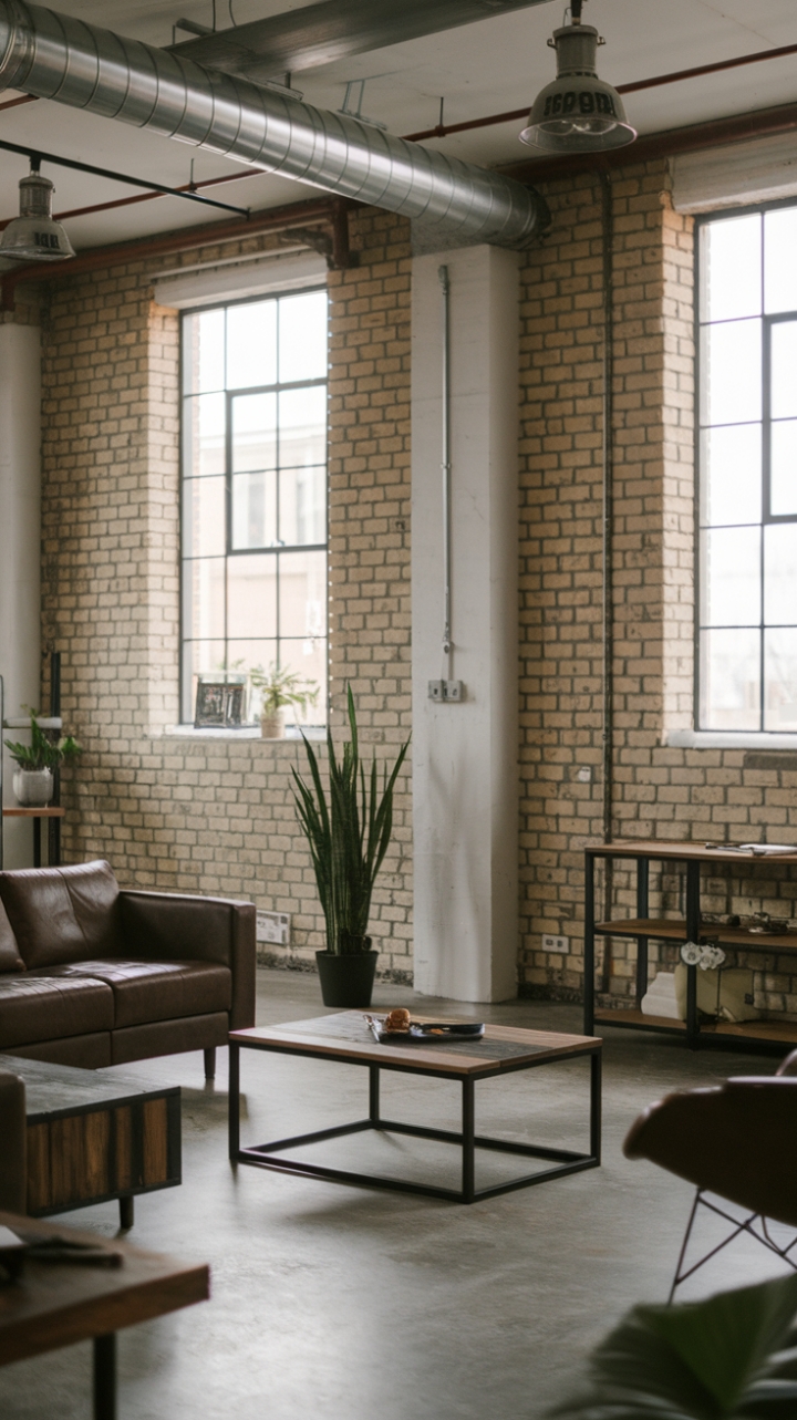 Craving a space that's both edgy and inviting? This contemporary industrial living room delivers. The exposed brick walls whisper history, while the sleek metal and wood furniture, paired with a touch of greenery, creates a surprisingly cozy atmosphere. Perfect for the modern minimalist with a penchant for raw beauty.