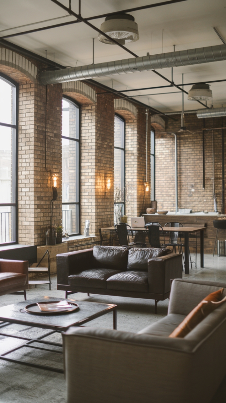 Craving a raw, industrial aesthetic? This open-concept living area showcases the beauty of exposed brick and the cool contrast of metal and wood furniture. The minimalist design and industrial lighting fixtures create a sophisticated yet comfortable urban haven, perfect for modern living.
