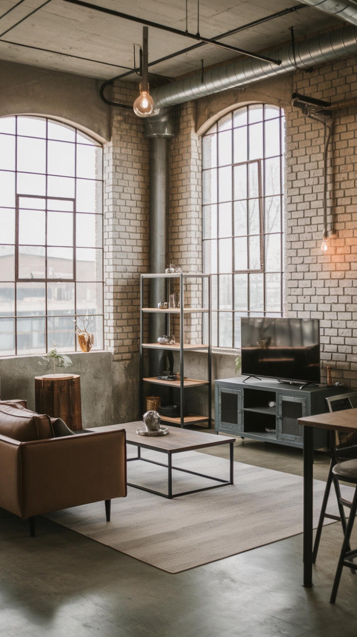 Ready to trade cookie-cutter for cool? This contemporary industrial living room boasts exposed brick, metal accents, and a concrete floor—a raw, urban aesthetic that's anything but cold. The minimalist furniture and large windows create a surprisingly spacious and inviting atmosphere. Perfect for the modern minimalist with an edge.