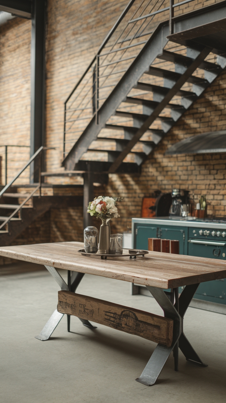 Raw textures meet refined style in this industrial haven. Reclaimed wood and steel forge a striking dining centerpiece, its rustic charm perfectly complementing the exposed brick and metal staircase. A symphony of urban grit and modern elegance.