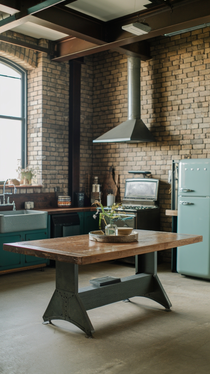 Ready to fall for raw, reclaimed beauty? A rustic wood dining table anchors this industrial loft, its metal base a perfect counterpoint to the exposed brick and vintage kitchen's cast iron sink and steel beams. The overall effect? Modern industrial chic with undeniable warmth.