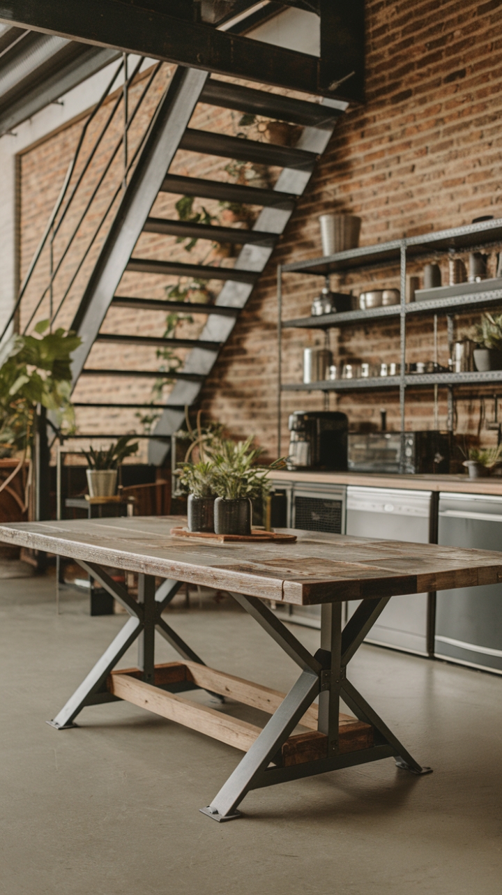 Raw, reclaimed wood meets sleek steel in this industrial haven. A rustic dining table anchors the space, its rugged charm perfectly complementing the exposed brick and metal staircase. Sunlight streams in, illuminating the modern kitchen's functional beauty. The perfect blend of urban grit and refined style.