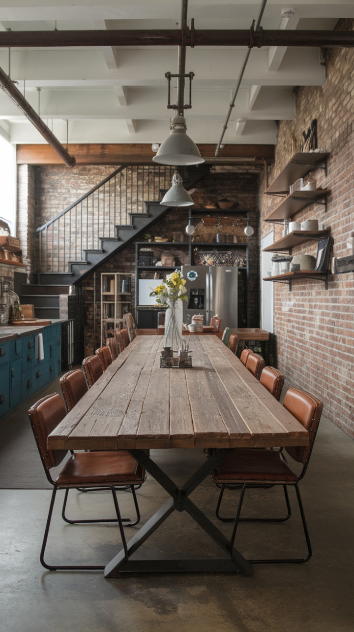 Rustic charm collides with urban grit in this stunning vintage industrial kitchen. A magnificent reclaimed wood dining table, supported by a sleek steel base, commands attention. Surrounded by inviting leather chairs, it's the perfect setting for intimate gatherings. Exposed brick, industrial lighting, and metal shelving complete the look, creating a modern farmhouse aesthetic that's both stylish and inviting.