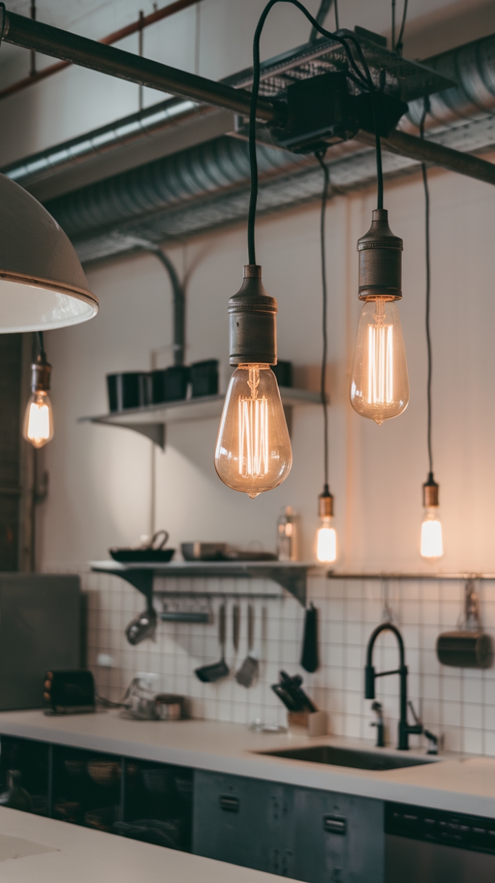 Raw, refined, and ready to inspire. This industrial kitchen's minimalist design shines with a symphony of light: vintage Edison bulbs suspended from warehouse-style pendants meet sleek metal fixtures, creating a functional and fiercely stylish space.