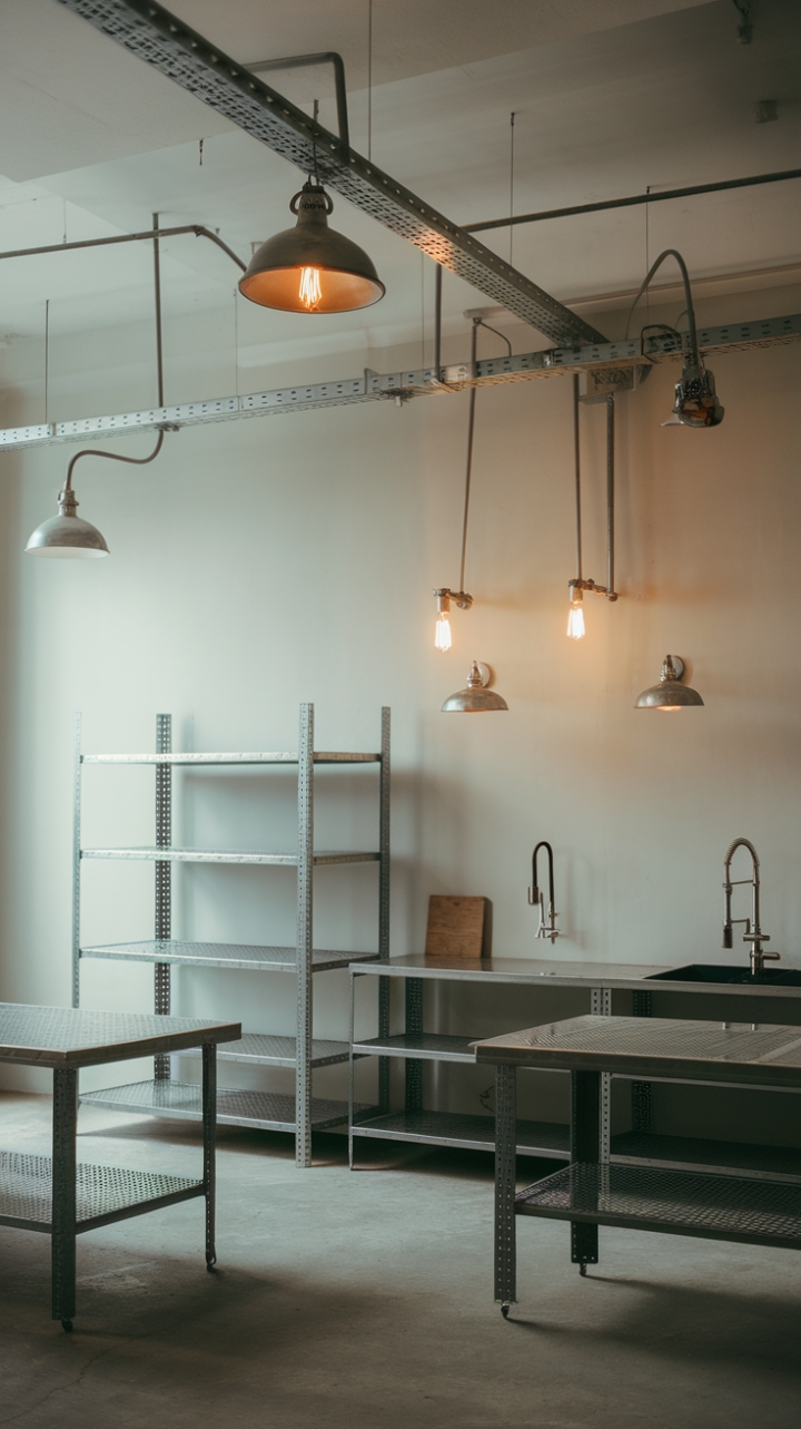 Raw, refined, and undeniably chic. This industrial kitchen's minimalist aesthetic is a masterclass in urban cool. Exposed bulbs dangle above a concrete floor, casting a warm glow on sleek metal surfaces and clean white walls. The perfect blend of function and form.