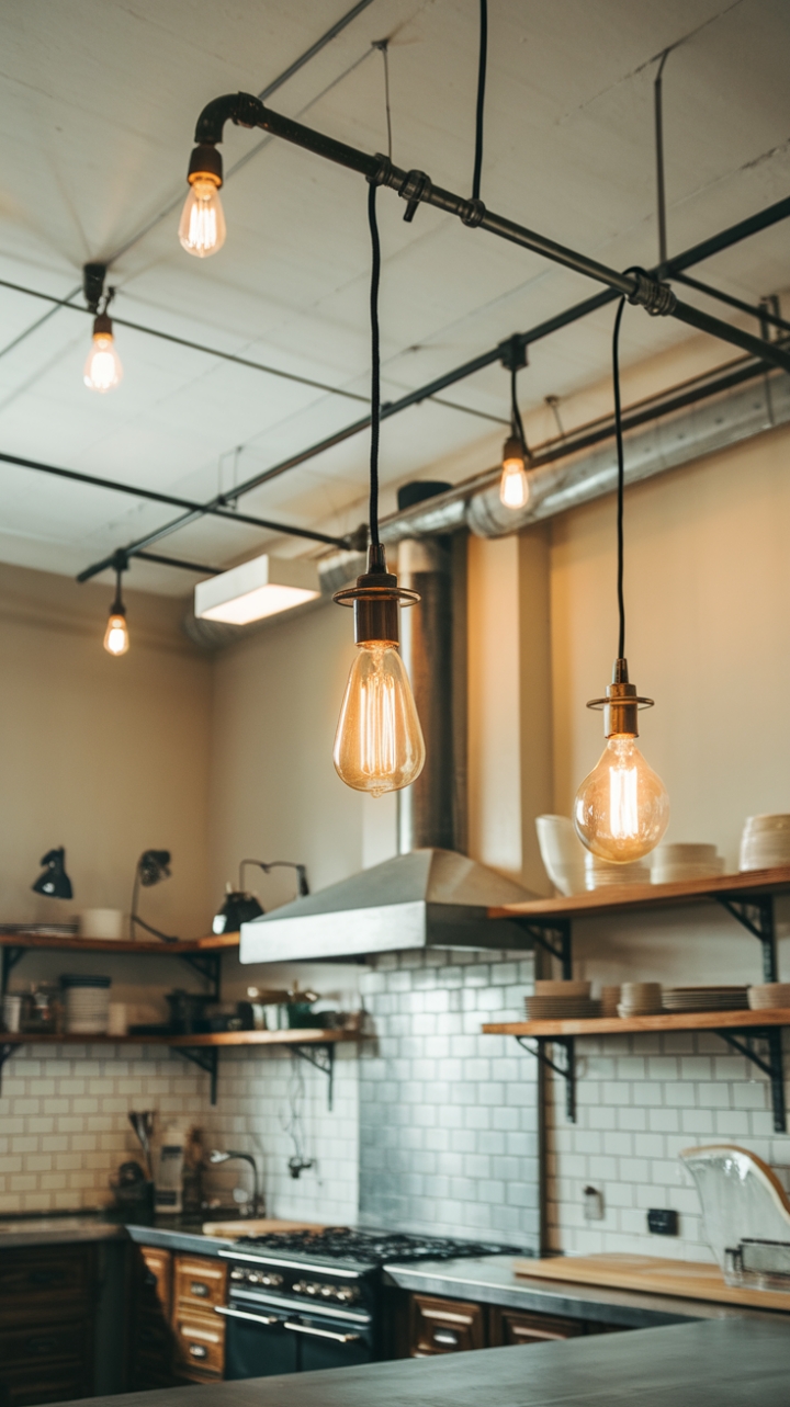 A symphony of light and shadow plays across this minimalist industrial kitchen. Exposed bulbs and vintage pendants dance above a workspace defined by clean lines and functional design. The strategic use of task lighting highlights the rich textures of the wood shelving and the cool gleam of the metal accents, creating a space that's both stylish and supremely practical.