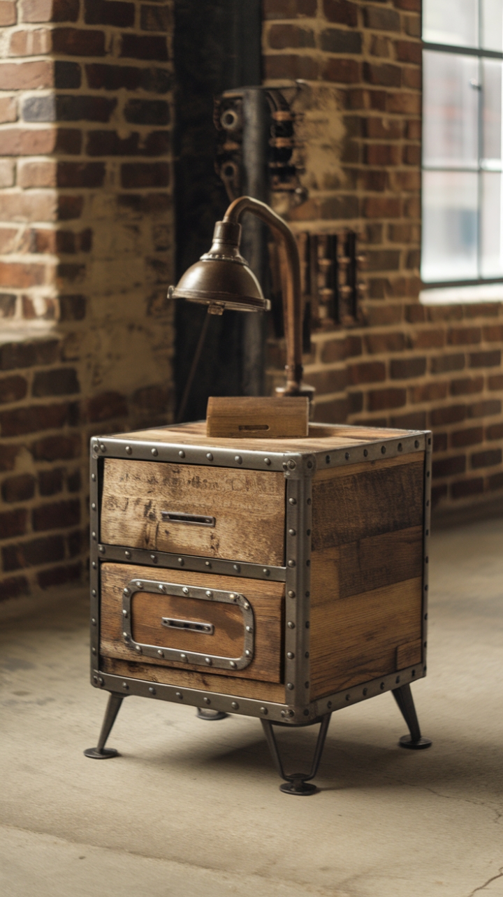 Ready to infuse your space with raw, urban cool? This reclaimed wood and metal nightstand, a masterpiece of rustic-industrial design with a touch of steampunk flair, anchors a loft space defined by exposed brick and concrete. Its vintage charm adds character and warmth to the modern industrial aesthetic.