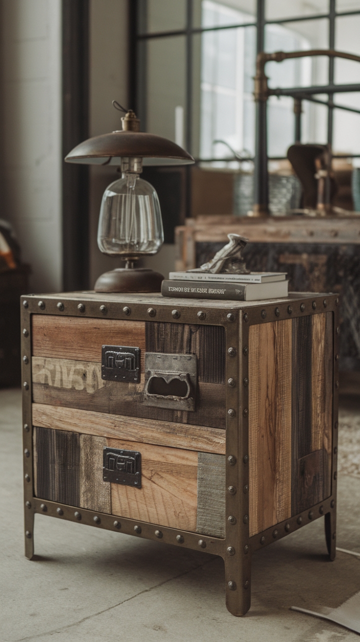 Raw, refined, and undeniably chic, this reclaimed wood and metal nightstand anchors a modern industrial bedroom with effortless style. Paired with a rustic bedside table, the piece is a study in contrasting textures and timeless appeal. The subtle glow of the bedside lamp, the promise of a captivating read, and a carefully chosen decorative element complete the scene, creating a haven of sophisticated simplicity.